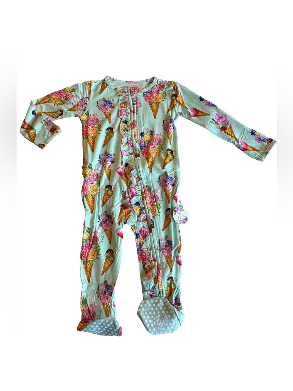 Ellie K’s Green and Pink Ice Cream Cone Print Bamboo Footie PJ’s 9-12 months NWT